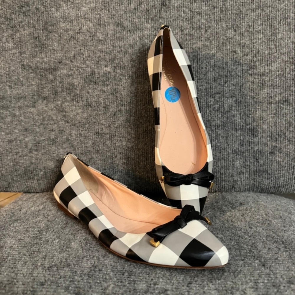Kate Spade New York Plaid Pointed Toe Ballet Flats Black White Grey Bow 10.5M - Picture 2 of 10